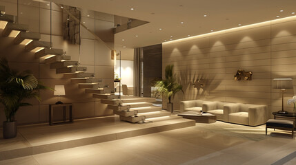 Soft tan entrance hall in a modern American home, featuring a floating staircase and high-end decor.