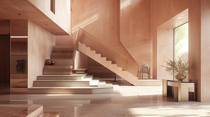Obraz premium Soft powder pink entrance hall in a modern American home, showcasing a geometric staircase and high-end furnishings.