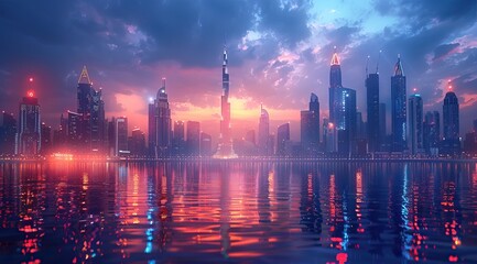 Fototapeta premium A vibrant and futuristic cityscape of Dubai at night, illuminated by neon lights with skyscrapers reflecting in the water.,3d render, high resolution digital art with bokeh blur effect 