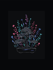 A watercolor illustration of a bonsai tree surrounded by vibrant abstract florals perfect for any space