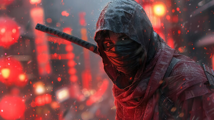 mysterious warrior in hooded cloak holding sword amidst falling snow and glowing red lights cityscape
