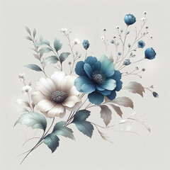 Elegant Floral Artistry: Detailed Blue Blossoms and Delicate White Flower with Graceful Branches Illustration