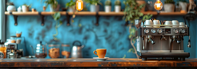 counter cafe shop with a light bulb background.