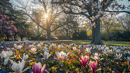 Sunlit spring front yard with towering magnolia trees and a carpet of mixed low-growing flowers