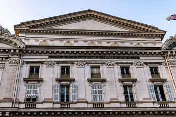 Southern facade of Opera Theater (Theatre de Opera), iconic theatre and major landmark on the Promenade des Anglais, Nice, Cote d'Azur, France.