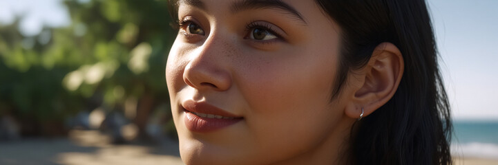 Naklejka premium Portrait Photo. A Young Asian Woman Smiling on the Beach on a Hot Summer Day.