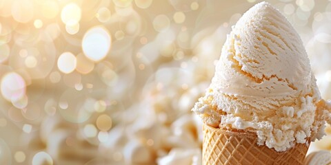 Close-up of a vanilla ice cream scoop in a waffle cone with a blurred golden light background