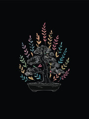 A watercolor illustration of a bonsai tree surrounded by vibrant abstract florals perfect for any space