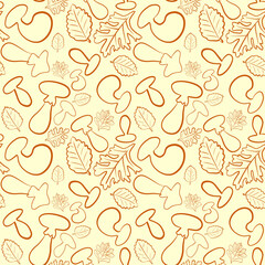 Autumn themed seamless pattern depicted in warm autumn colors. Mushrooms and leaves.