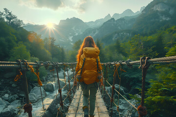 woman is walking across a suspension bridge
