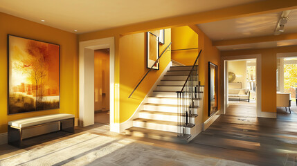 Warm mustard yellow entrance hall with a simple staircase and contemporary art in an American home.