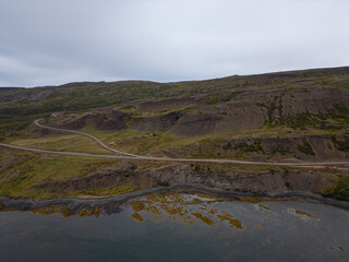The start of the mountain road across Hjallahals mountain in Iceland