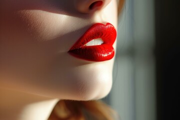 Obraz premium Luscious Beautiful female lips. Model care kiss. Generate Ai