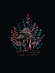 Obraz premium A watercolor illustration of a bonsai tree surrounded by vibrant abstract florals perfect for any space