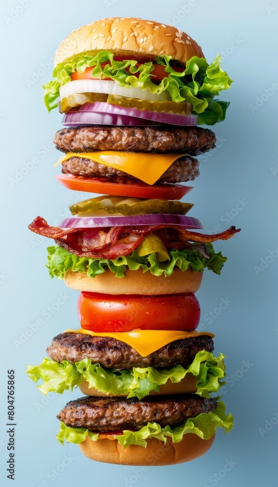 Aufkleber deconstructed burger layers hovering on soft colored background with space for text