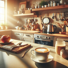 Sunlit Serenity: Cozy Kitchen with Frothy Cappuccino and Modern Amenities