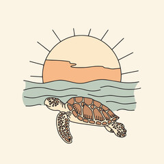 Sea turtle on a background of sea and sun, Vector hand drawn illustration