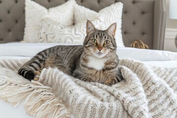 Tranquil cat in softly illuminated bedroom exudes grace and calmness, evoking serenity