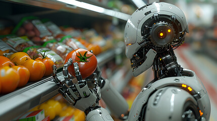 robot in a grocery store picking up tomatoes and putting them on the shelf. 