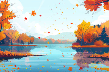Autumn lake in forest landscape scene illustration. Beautiful fall park nature with stunning travel valley. Falling maple leaves season in woodland on lakeside. Cute panoramic golden woods backdrop ve