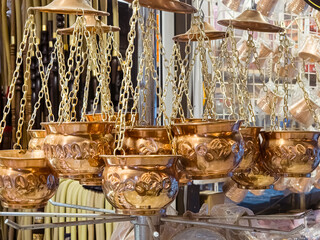 Copper Turkish incense burner in a local bazaar 