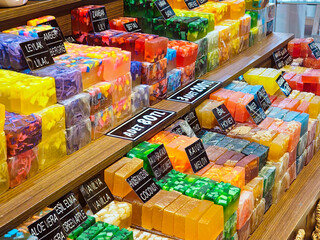 Natural soap bars with colorful fruits and spices