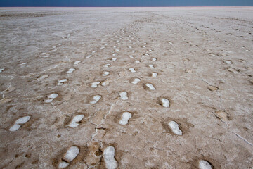 Foot prints on Lake Eyre salt plain
