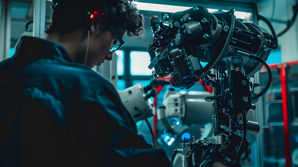 engineer in research development robotic factory checking prototype of automation robot arm
