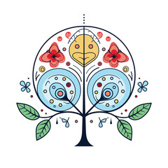 Graphic vector illustration organic growth green leaves sprouting soil autumnal yellow leaves suggesting seasonal change. Artistic representation ecofriendly concept nature cycle