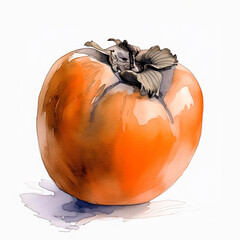 A vivid watercolor illustration of a ripe persimmon, with a detailed stem and leaf. The orange hues and artistic shading are striking