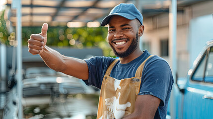 happy young man, car wash worker, shows class, thumbs up and looks at camera; car wash on a blurred background, space for text; banner, Sunny day.