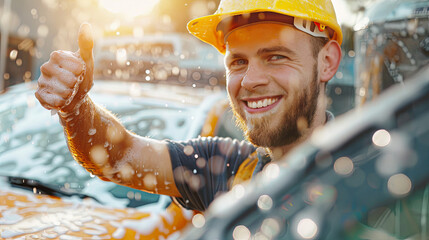 happy young man, car wash worker, shows class, thumbs up and looks at camera; car wash on a blurred background, space for text; banner, Sunny day.
