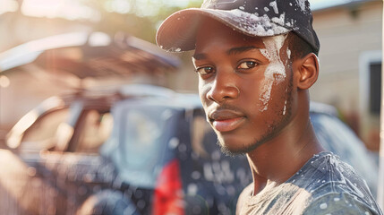 young man, car wash worker looking at the camera; car wash on a blurred background, space for text; banner, Sunny day.