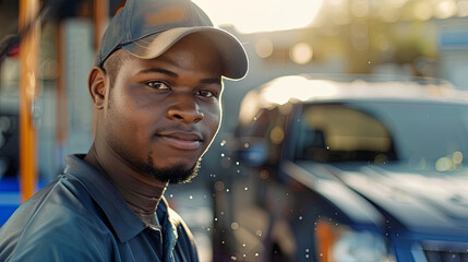 young man, car wash worker looking at the camera; car wash on a blurred background, space for text; banner, Sunny day.