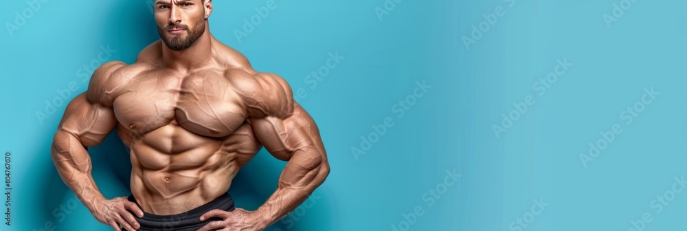 Poster muscular bodybuilder displaying defined abs on soft colored background with space for text