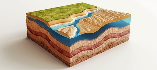 Detailed 3d model of land and river cross section with soil layers, rock strata, and water paths