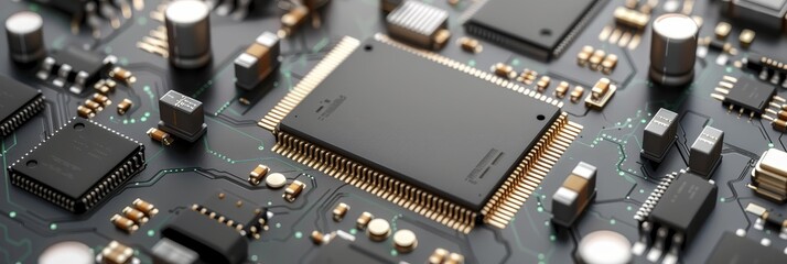Fototapeta premium Macro view of black pcb with gold connectors, illustrating advanced technologyhorizontal tech banner