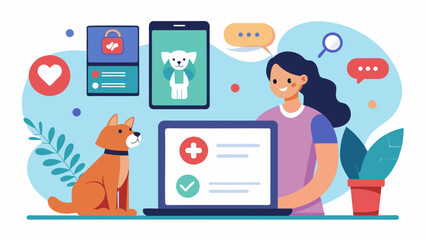 An online platform allows pet owners to log and share their pets exercise and nutrition habits with their vet for personalized health recommendations.. Vector illustration