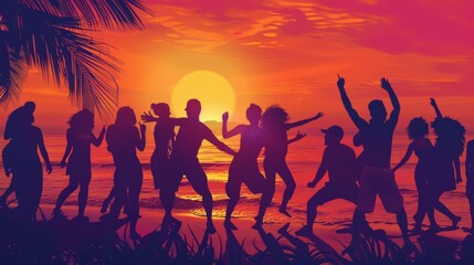 Fototapeta premium Young people dancing, sea summer party siluette sunset, summer concept 