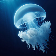 Luminescent Jellyfish in Deep Blue Sea: Graceful Aquatic Life with Translucent Dome and Delicate Frilled Tentacles