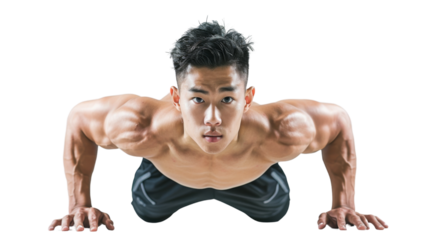 Young athletic man doing push-ups on white background. Muscular and strong guy exercising 
