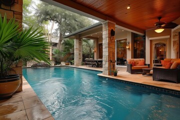 Luxurious Patio with swim pool. Wood design. Generate Ai