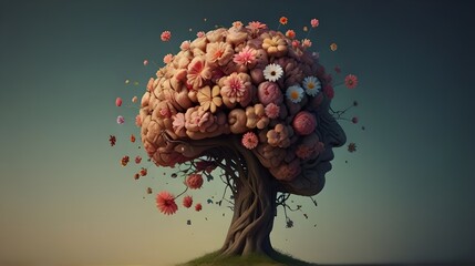 Creative Mind: Human Brain Tree with Flowers, Self Care, and Mental Health - Wellness Blogs, Mental Health Campaigns, Nature Therapy, Self Improvement Materials

