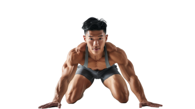 Young athletic man doing push-ups on white background. Muscular and strong guy exercising 