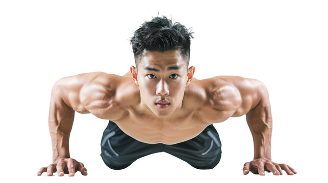 Young athletic man doing push-ups on white background. Muscular and strong guy exercising