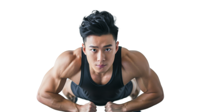 Young athletic man doing push-ups on white background. Muscular and strong guy exercising 