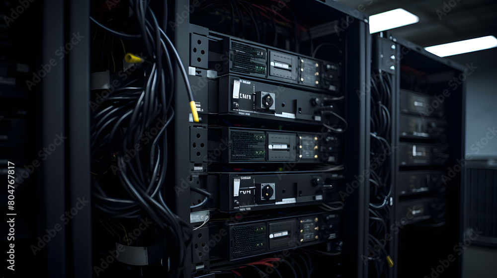 Poster server racks and cabinets full of hard drives inside large data center. advanced cloud computing con
