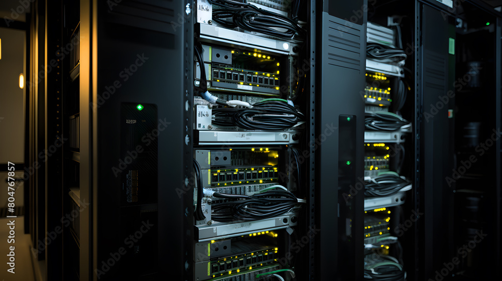 Poster server racks and cabinets full of hard drives inside large data center. advanced cloud computing con
