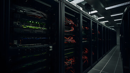 Server Racks and Cabinets full of Hard Drives inside Large Data Center. Advanced Cloud Computing Concept.