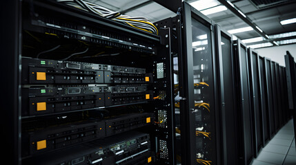Server Racks and Cabinets full of Hard Drives inside Large Data Center. Advanced Cloud Computing Concept.